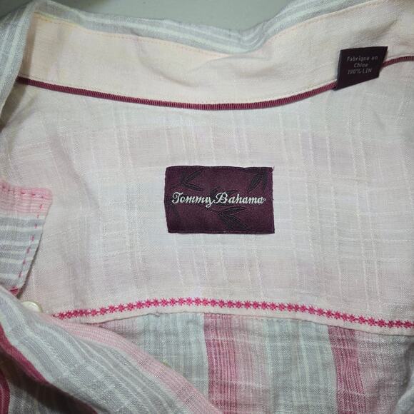 Tommy Bahama 100% Linen Short Sleeve Pink Striped Button Up Shirt Men's Size XLX - Picture 2 of 5